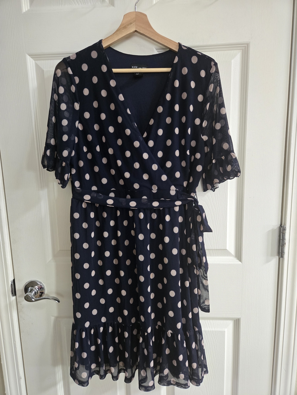 KATE&LILY Sheer Overlay Navy Polka Dot Wrap Dress with Matching Sash- 12